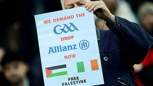 A view of a fans protest sign reading “We Demand The GAA Drop Allianz Now Free Palestine” during the game 18/1/2026