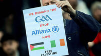 A view of a fans protest sign reading “We Demand The GAA Drop Allianz Now Free Palestine” during the game 18/1/2026