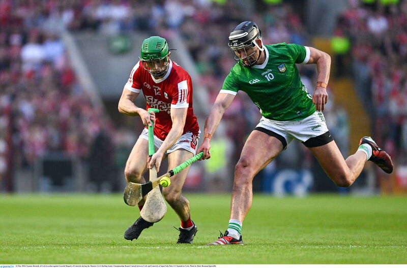 Seamus Harnedy of Cork battles Limerick's Gearóid Hegarty in May 2024 - that game started an unbeaten home run. Picture: Daire Brennan/Sportsfile