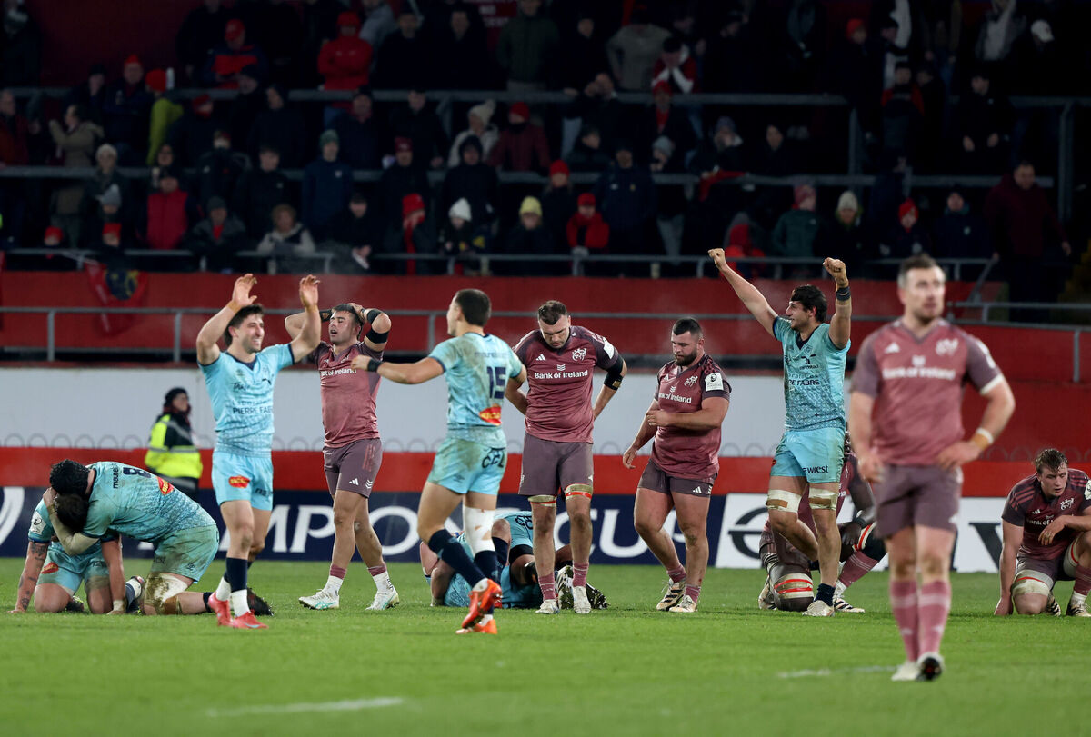 Castres' players celebrate at the final whistle after the Investec Champions Cup match at Thomond Park, Limerick. Castres' players celebrate at the final whistle after the Investec Champions Cup match at Thomond Park, Limerick.