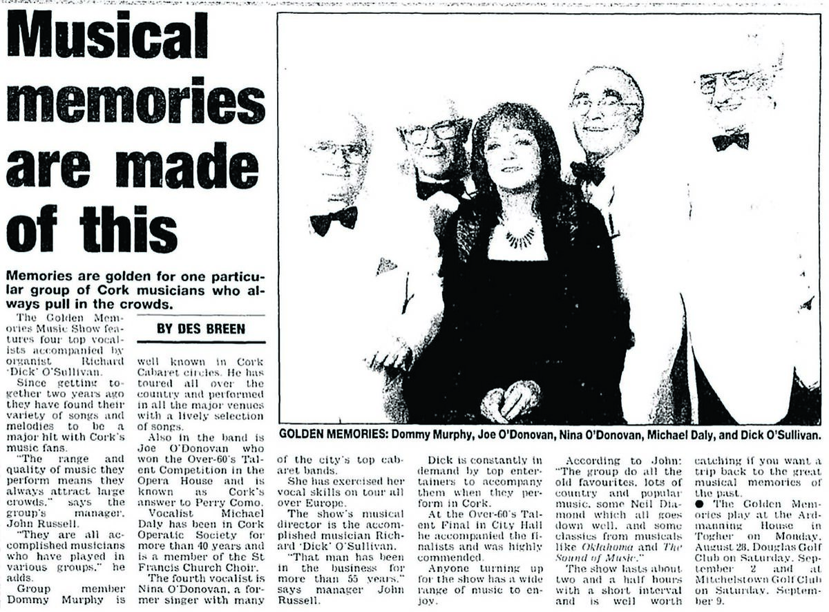 An Echo story about the Cork band Golden Memories in 2000, showing Dominick (Dommie) Murphy, Joe O’Donovan, Nina O’Donovan, Michael Daly, and Dick O’Sullivan