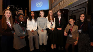 <p>Orlaith Byrne, Cyrielle Konan, Ciara Rodriguez, Amelia O'Shea, Sinead Stack, Ciara Howley, Mona Clifford and Isabella Scriven, all from Christ King Girls Secondary School, at the Davis College Model United Nations. Picture: Jim Coughlan</p>