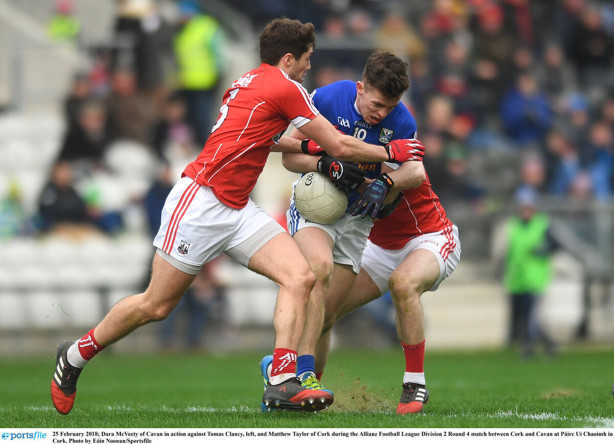 Dara McVeety of Cavan in action against Tomas Clancy, left, and Matthew Taylor of Cork during the Allianz Football League Division 2 tie in 2018 at Páirc Uí Chaoimh. Picture: Eóin Noonan/Sportsfile Dara McVeety of Cavan in action against Tomas Clancy, left, and Matthew Taylor of Cork during the Allianz Football League Division 2 tie in 2018 at Páirc Uí Chaoimh. Picture: Eóin Noonan/Sportsfile