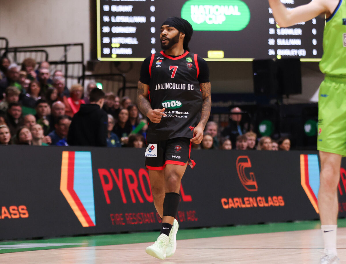 Ballincollig's Latrell Jossell celebrates after scoring a three-pointer in the National Cup final. Picture: INPHO/Tom Maher