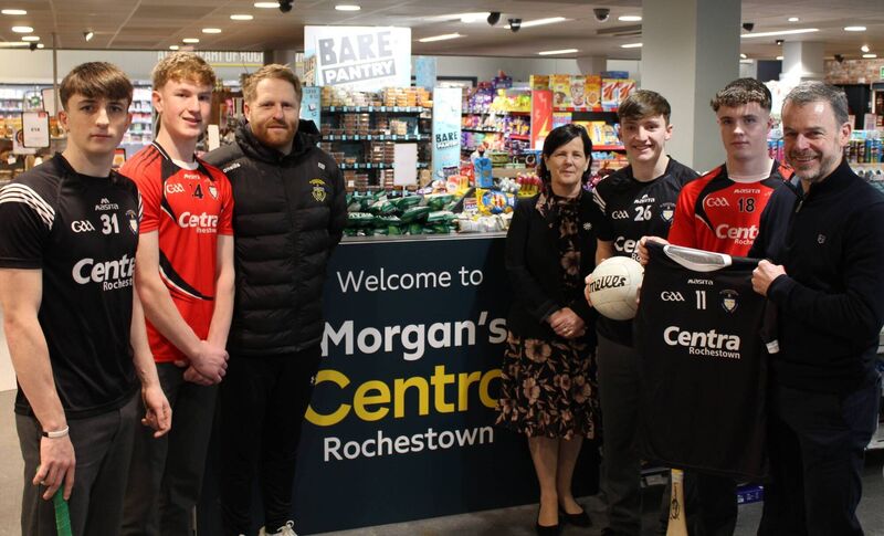 Mark O'Brien, Douglas; James Gordon, Douglas; Eoghan Buckley, St Michael's, senior football management; Marie Ring, principal, St Francis College; Joe Mouret, Douglas; Cathal Lowney, Tracton, with Michael Morgan, Centra Rochestown proprietor and Rochestown College GAA sponsor ahead of their clash with Tralee CBS.