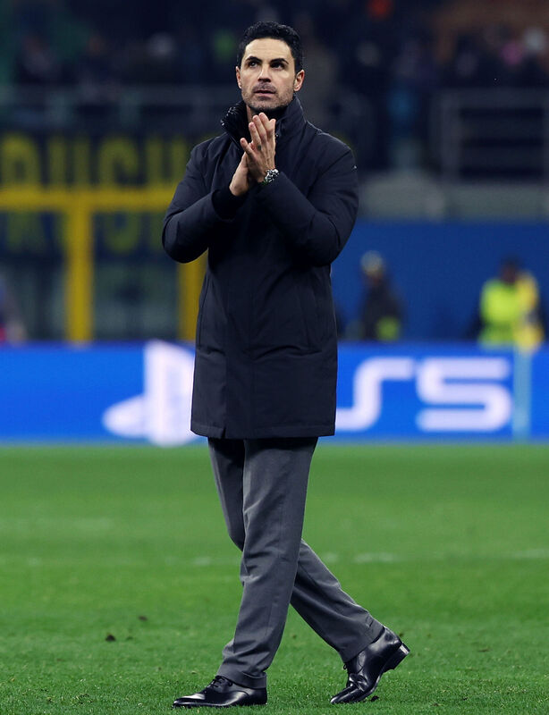 Arsenal manager Mikel Arteta applauds the fans after the UEFA Champions League match at the San Siro, Milan. Picture: Fabrizio Carabelli/PA Wire