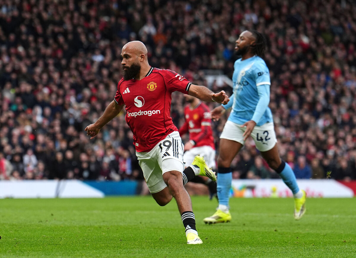 Manchester United's Bryan Mbeumo celebrates scoring the side's first goal during the Premier League match ahainst Man City at Old Trafford, Manchester. Picture: Martin Rickett/PA Wire