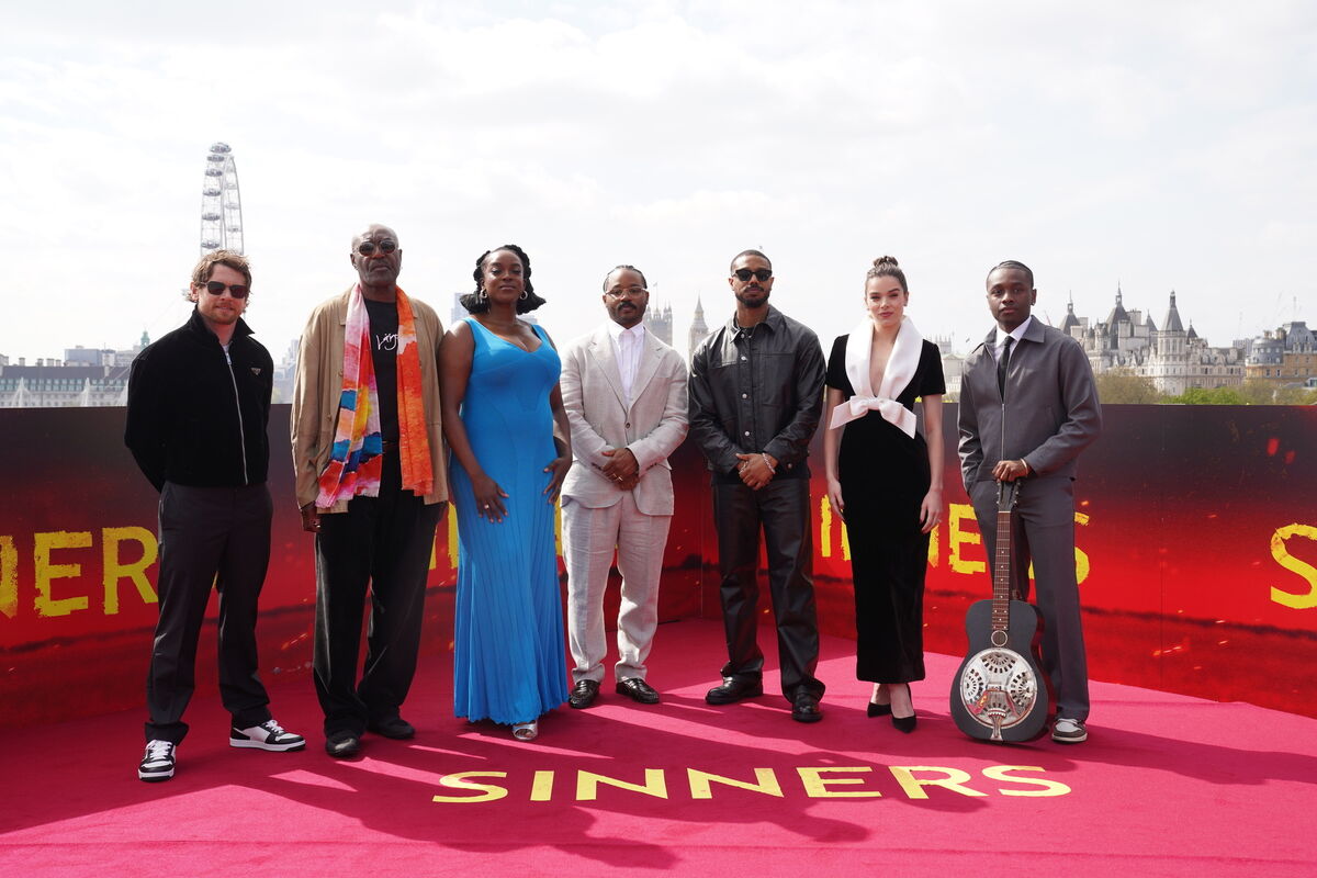 Sinners cast Jack O'Connell, Delroy Lindo, Wunmi Mosaku, director Ryan Coogler, Micheal B Jordan, Hailee Steinfield and Miles Caton in London last April.