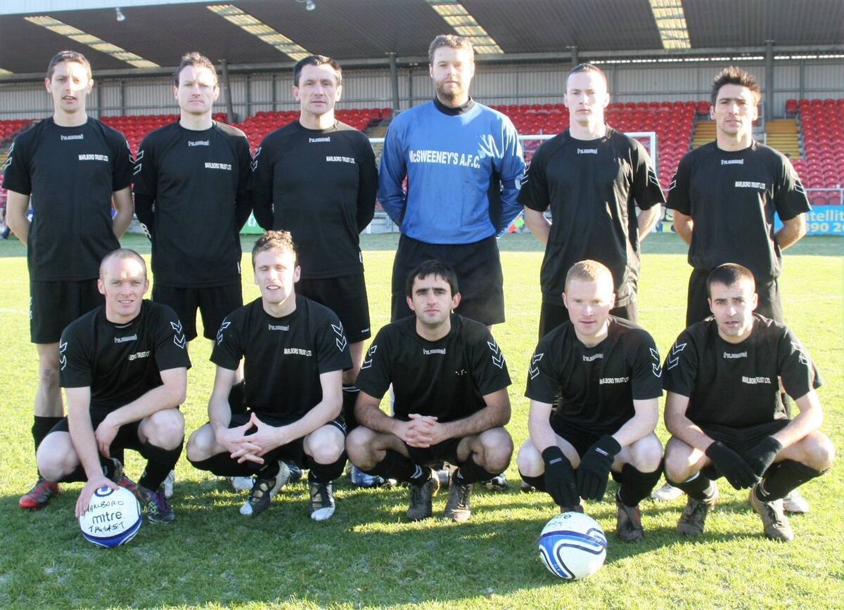 Business League: Marlboro Trust, Mooney Cup Winners and Shield runners-up 2010-'11. Back: Pat McSweeney, Gerry Hewitt, Mark O’Donnell, Paudie Morris, Arainn McGrath. Miguel Santos. Front: Brian Gilhooley, Eric Montgomery, Joe Monaghan (c), Shane O’Riordan, David 'Spooky' McCarthy. Business League: Marlboro Trust, Mooney Cup Winners and Shield runners-up 2010-'11. Back: Pat McSweeney, Gerry Hewitt, Mark O’Donnell, Paudie Morris, Arainn McGrath. Miguel Santos. Front: Brian Gilhooley, Eric Montgomery, Joe Monaghan (c), Shane O’Riordan, David 'Spooky' McCarthy.