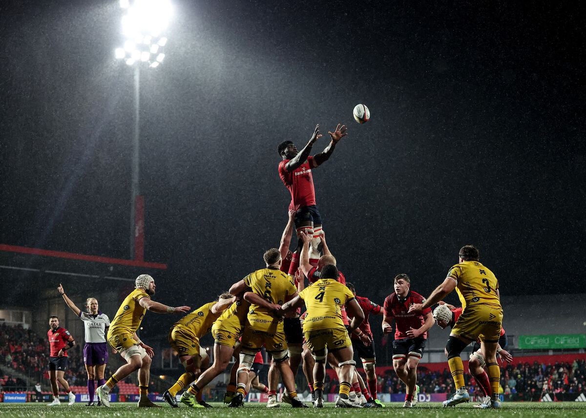 Munster's Sean Edogbo wins a lineout against Dragons on Friday night. Picture: INPHO/James Crombie