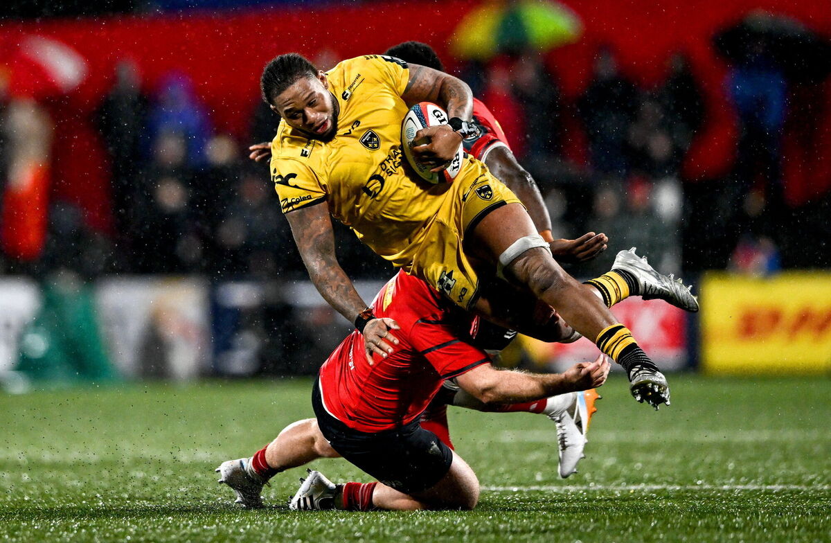 Levi Douglas of Dragons is tackled by Jeremy Loughman of Munster. Picture: Ben McShane/Sportsfile Levi Douglas of Dragons is tackled by Jeremy Loughman of Munster. Picture: Ben McShane/Sportsfile
