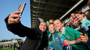 <p>Ireland's Saoirse Noonan with fans after the game at Páirc Uí Chaoimh.</p>