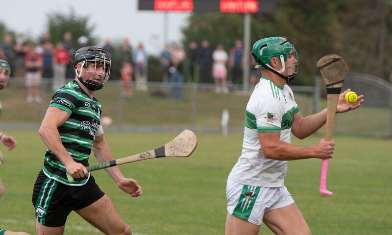 Kanturk's Brian O'Sullivan controls the sliotar ahead of James O'Callaghan Maher of Douglas during the Premier Senior Hurling Championship match in Castletownroche. Picture: Howard Crowdy