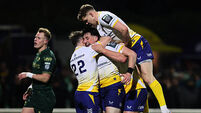 Inpho Charlie Tector celebrates with teammates after scoring his sides third try of the match 24/1/2026