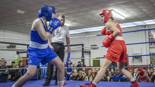 <p>Cork Boxing: Ella O’Connell of Brian Dillons BC (red) and European bronze medalist Ellie Curtin Murray of Golden Gloves BC in action in the Girl 4 55kg final in the Cork County Boxing Championships at the Glen Boxing Club. Picture: Doug Minihane</p>