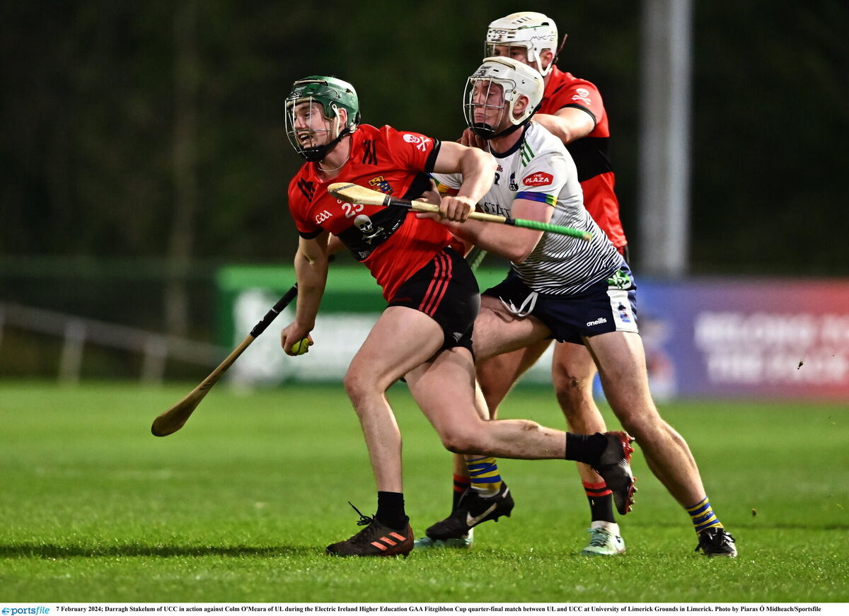 7 February 2024; Darragh Stakelum of UCC in action against Colm O'Meara of UL during the Electric Ireland Higher Education GAA Fitzgibbon Cup quarter-final match between UL and UCC at University of Limerick Grounds in Limerick. Photo by Piaras Ó Mídheach/Sportsfile