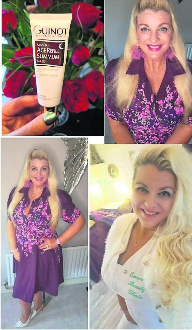 Emer in this season’s hit colour, a burgundy dress, from Ruby Rouge Boutique, white heels are Penneys, also in her uniform at Emerald Beauty Clinic, wearing Master Colors make-up. Also pictured is Emer’s Product of the Week, Guinot Age refill mask, an anti ageing mask you can use three different ways, available at Emerald Beauty Clinic, 021 4365949. 