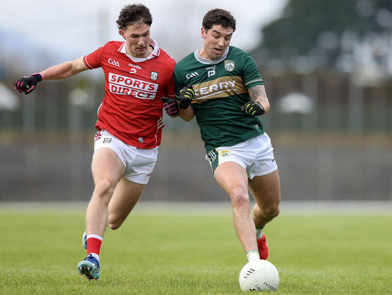 Kerry’s Tony Brosnan in action against Cork’s Seán Brady this year. Picture: INPHO