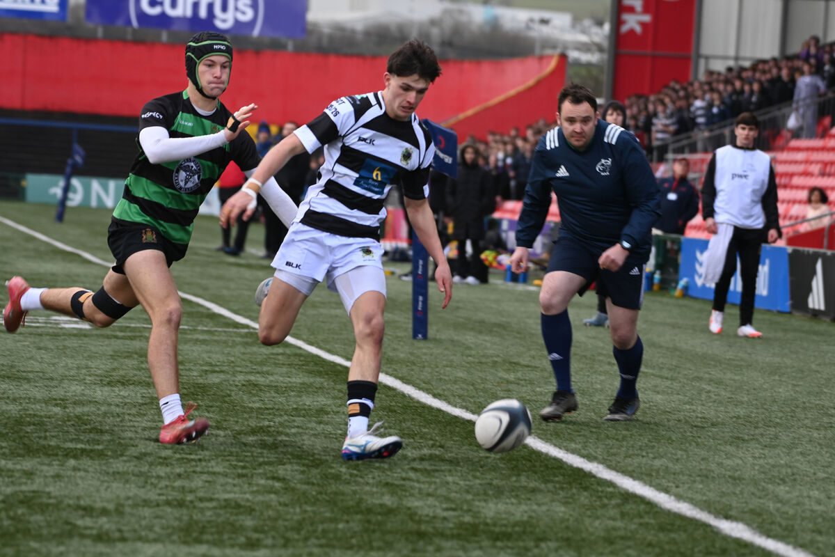  Bobby O'Callaghan, Presentation Brothers College, Cork chases possession in the Munster Schools Senior Cup Semi-Final Qualifier at Virgin Media (Musgrave) Par. Presentation Brothers College Cork vs Bandon Grammar School, Co Cork. Picture: Larry Cummins