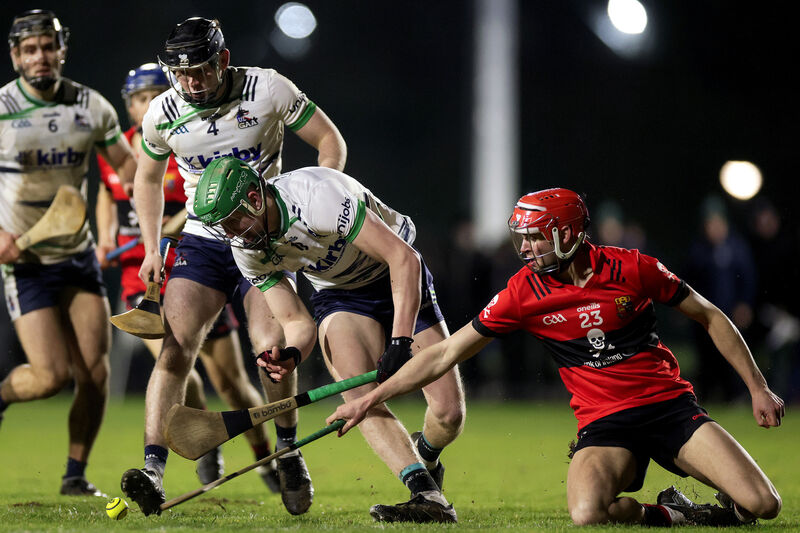 University of Limerick's Darragh Langan and John Conneally battle with Hugh O’Connor of University College Cork. Picture: ©Inpho/Laszlo Geczo