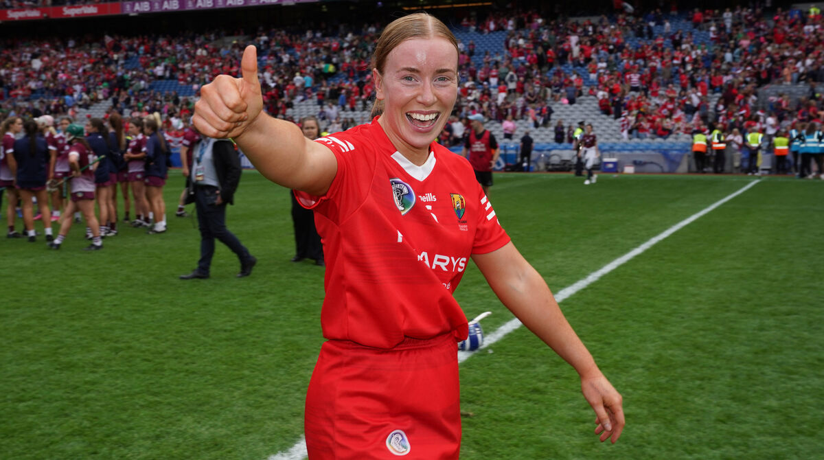 Laura Treacy celebrates after Cork beat Galway in the 2024 Glen Dimplex All-Ireland Senior Camogie Championship final at Croke Park. Picture: INPHO/James Lawlor