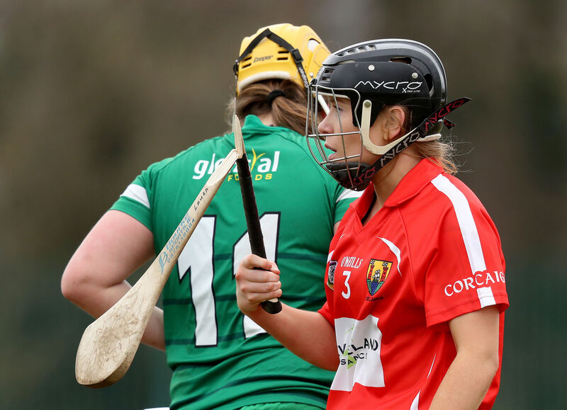 Cork's Laura Treacy examines her broken hurley. Picture: INPHO/Oisin Keniry