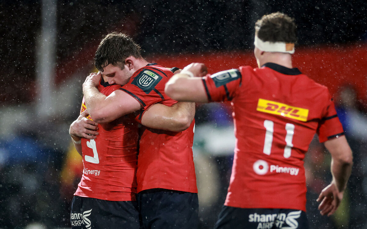 Munster's Michael Ala'alatoa celebrates with Evan O'Connell after the final whistle after beating Dragon. Picture: INPHO/James Crombie