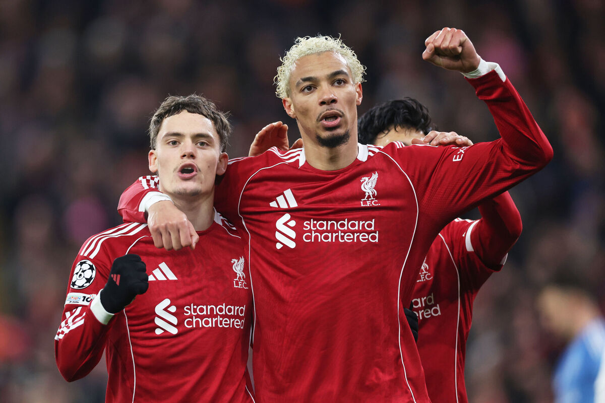 Liverpool's Florian Wirtz, left, celebrates with Liverpool's Hugo Ekitike after scoring his side's second goal during the Champions League match against  Qarabag in Liverpool. Picture: AP Photo/Darren Staples