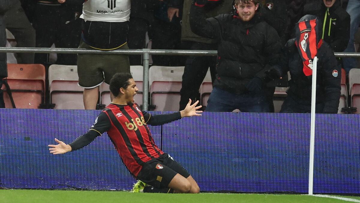 Bournemouth's Amine Adli celebrates after scoring his sides third goal during the English Premier League match against Liverpool. Picture: AP Photo/Ian Walton