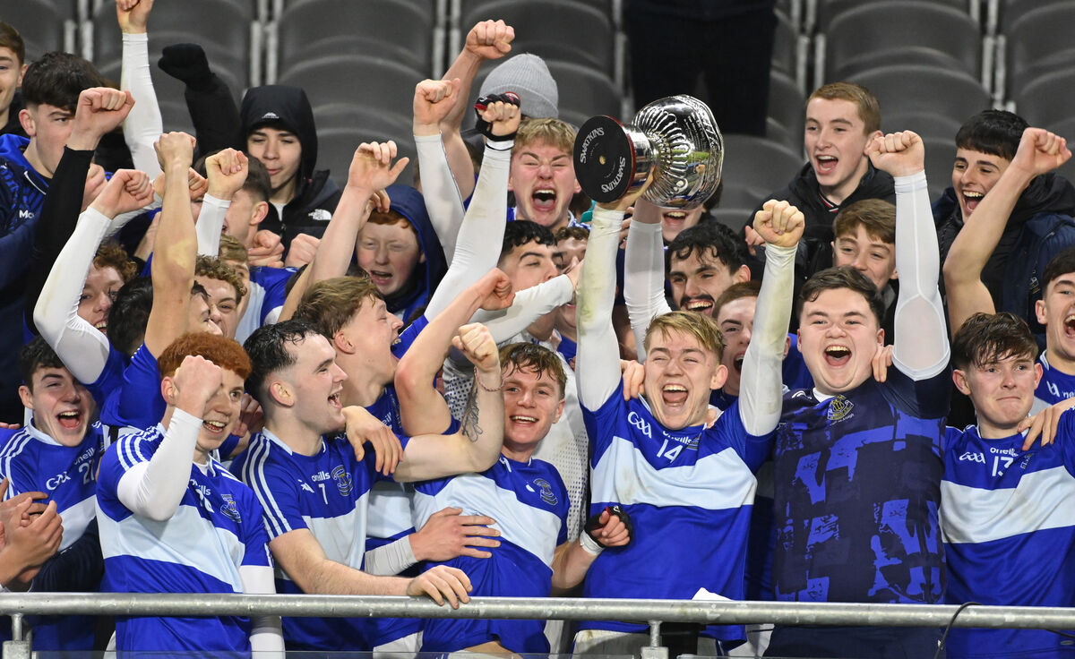 Gaelcholáiste Mhuire An Mhainistir Thuaidh captain Lúcás Ó'Muirthile raises the O'Callaghan Cup following victory over Christian Brothers College at SuperValu Páirc Uí Chaoimh in December. Picture: Eddie O'Hare