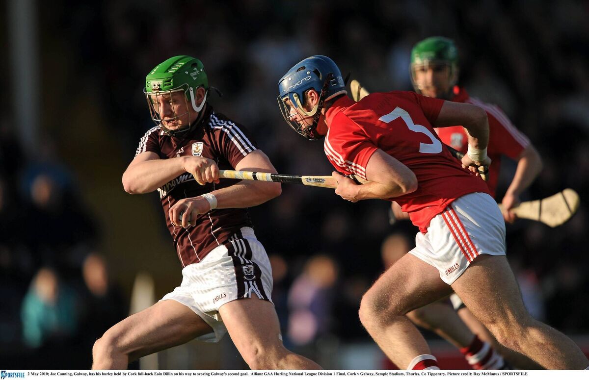 Joe Canning, Galway, has his hurley held by Cork full-back Eoin Dillon in the 2010 league final. Picture: Ray McManus/SPORTSFILE Joe Canning, Galway, has his hurley held by Cork full-back Eoin Dillon in the 2010 league final. Picture: Ray McManus/SPORTSFILE