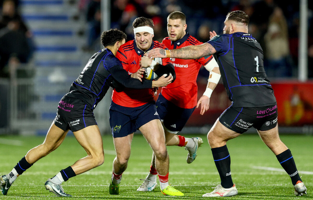 Munster's Shane Daly comes up against Jamie Bhatti of Glasgow. Picture: INPHO/Paul Currie