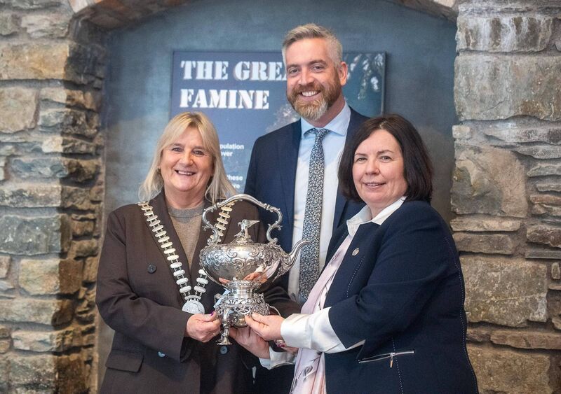 County mayor Mary Linehan Foley with Minister of state Christopher O’Sullivan and chief executive of Cork County Council Moira Murrell with the samovar. Picture: John Allen.
