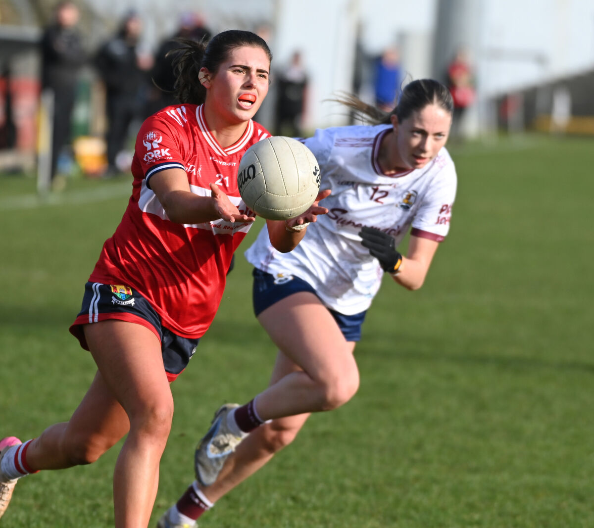 Cork's Aimee Corcoran gathers the ball from Galway's Kate Thompson. Picture: Eddie O'Hare