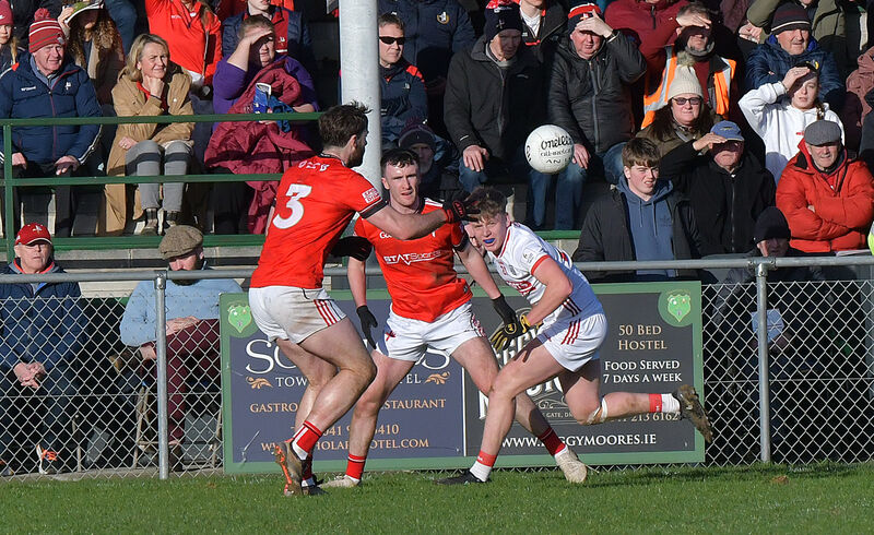  Cork's Dara Sheedy and Louth's Dermot Campbell look for possession. Picture: Moya Nolan