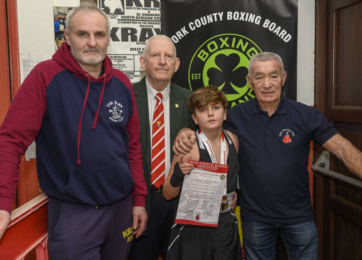 Cork Boxing: Boy 1 43kg Champion George O’Mahony of Glen BC pictured with his coaches Robert O’Driscoll (left), Tommy Kelleher and President of the Cork County Boxing Board Michael O’Brien. Picture: Doug Minihane