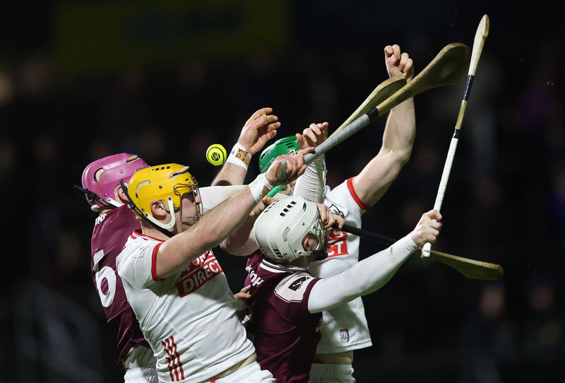 MY BALL: Galway’s Cillian Trayers and Joshua Ryan with Séamus Harnedy and Declan Dalton of Cork contest possession. Picture: INPHO/James Crombie MY BALL: Galway’s Cillian Trayers and Joshua Ryan with Séamus Harnedy and Declan Dalton of Cork contest possession. Picture: INPHO/James Crombie