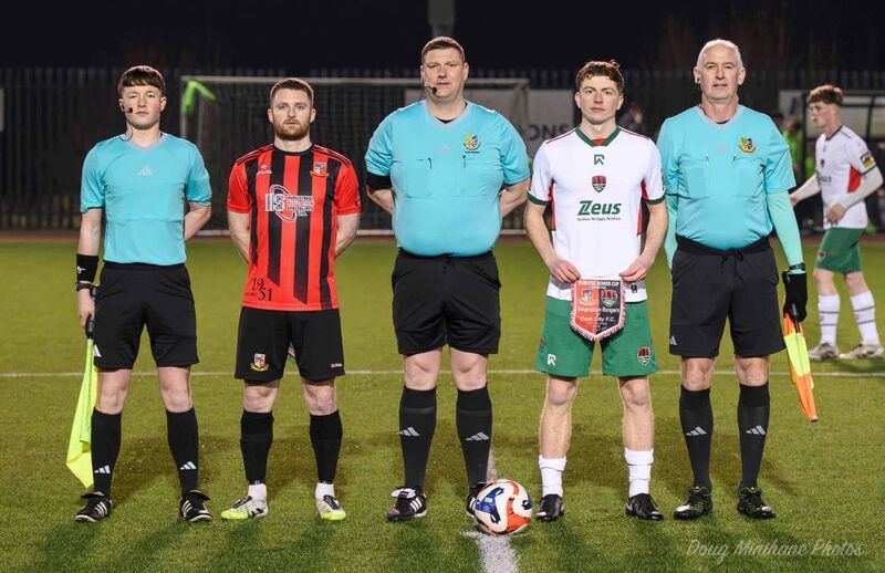 Ringmahon Rangers captain Anthony McAlavey and Cork City captain Dara McCormick with officials Bobby Coonan, Darren O’Sullivan and Tom McCarthy before the recent Munster Senior Cup clash. 