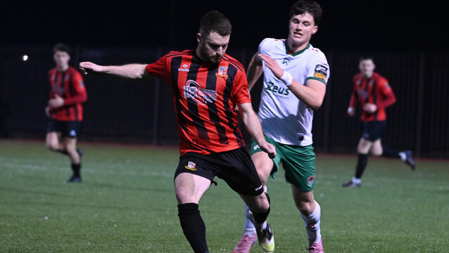 <p> Anthony McAlavey, Ringmahon Rangers, moves the ball through midfield in the Grandon's Toyota Munster Senior Cup quarter-final. Picture: Larry Cummins</p>