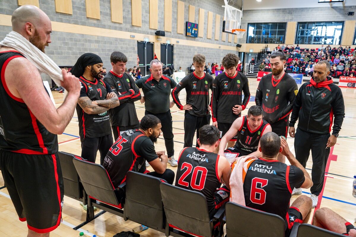Ballincollig players huddle for a team talk during a stoppage in play against Killester in the Domino Men’s Superleague clash at MTU Arena. Picture Chani Anderson