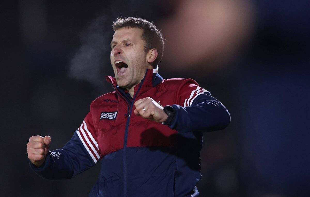 Cork manager Ben O'Connor celebrates after Brian Hayes scored his and his side's second goal. Picture: Inpho/James Crombie