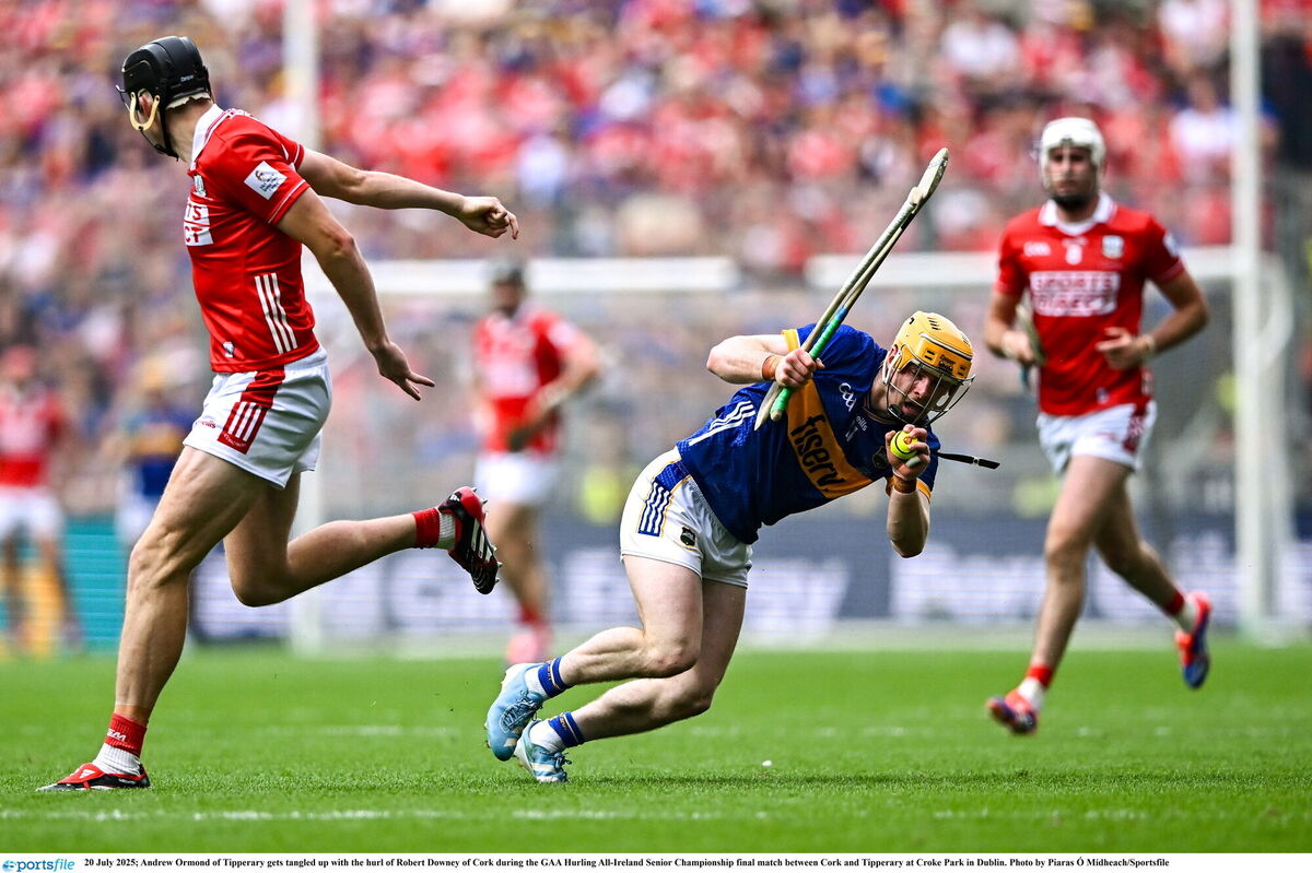 Andrew Ormond of Tipperary gets tangled up with the hurley of Robert Downey of Cork during the GAA Hurling All-Ireland Senior Championship final match between Cork and Tipperary at Croke Park in Dublin. Picture: Piaras Ó Mídheach/Sportsfile