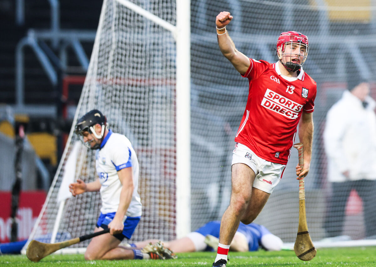 Waterford's Darragh Lyons reacts as Cork's William Buckley celebrates after scoring his side's third goal of the opening league match. Picture: INPHO/Tom Maher