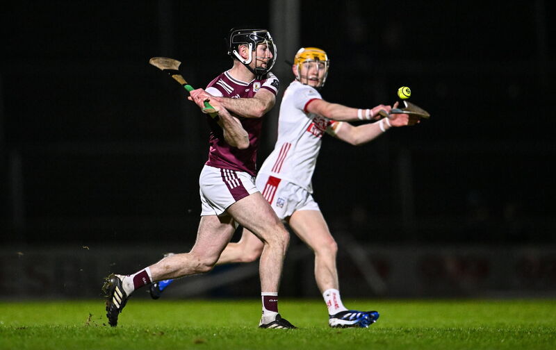 Padraic Mannion of Galway in action against Shane Barrett of Cork at Pearse Stadium. Picture: Ben McShane/Sportsfile