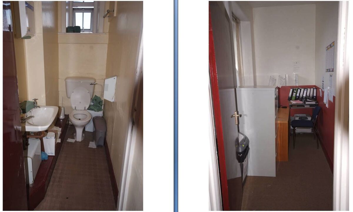 A file photo of the poor conditions at Macroom Garda Station. left, the ladies toilet and, right, the traffic office.