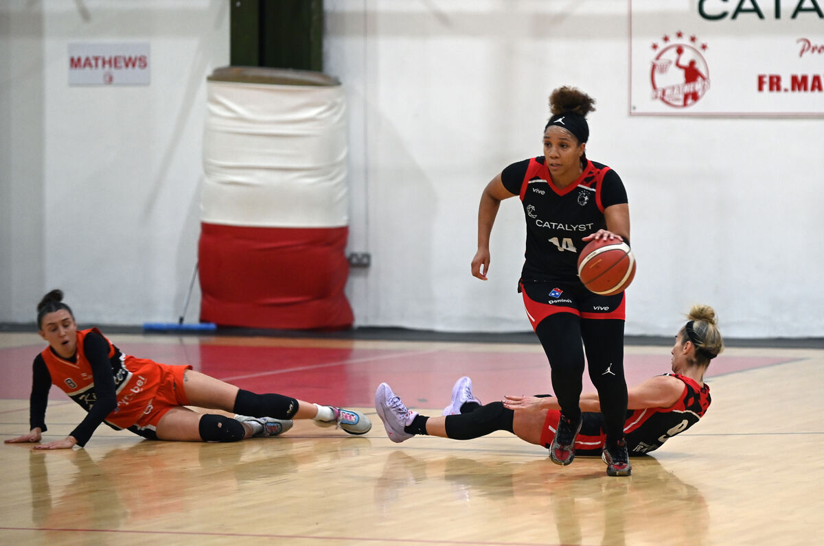 Catalyst Fr Mathew's Laila Blair breaks as two players collide against Killester. Picture: Eddie O'Hare