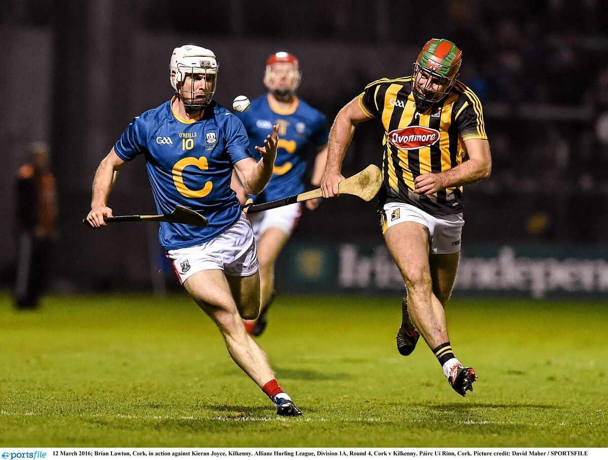 Brian Lawton of Cork wearing the 1916 commemorative shirt against Kilkenny's Kieran Joyce in 2016. Picture: David Maher/Sportsfile