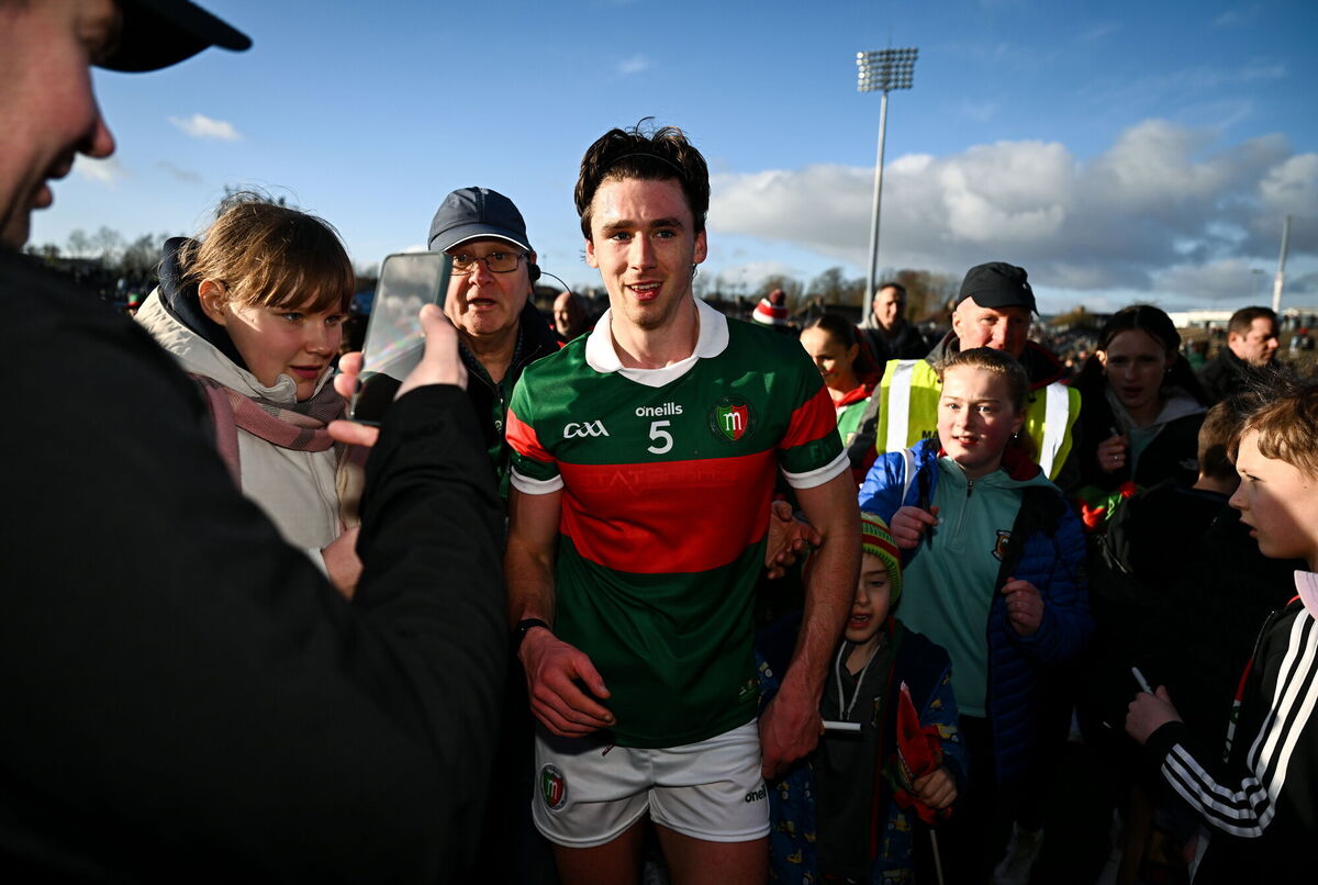 Sam Callinan of Mayo in the jersey honouring the 1950 and 1951 All-Irelands, as worn against Dublin last weekend. Picture: Ben McShane/Sportsfile