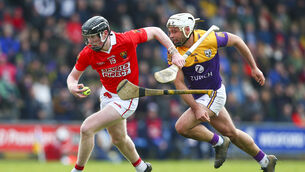 <p>Cork’s Conor Cahalane in action against Wexford’s Conor Devitt in 2022, when both counties wore 1993-inspired jerseys. Picture: Inpho/Ken Sutton</p>