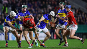 <p>Cork forward Alan Connolly gets to the sliothar ahead of Tipperary's Bryan O'Mara at SuperValu Páirc Uí Chaoimh. Picture: Inpho/Ben Brady</p>